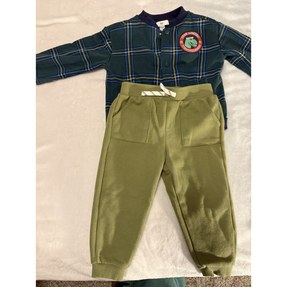 Dinosaur Plaid Toddler Outfit 2T Green Joggers Long Sleeve Snap Top Set Jurassic